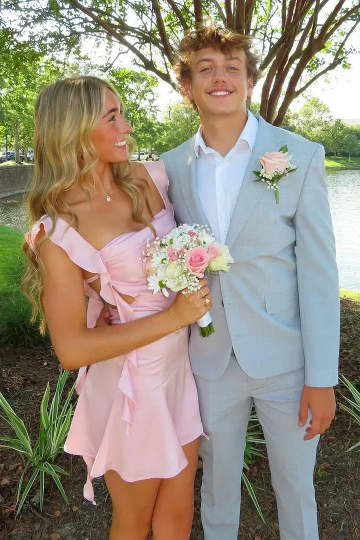 Ruffle Straps Pink A-Line Homecoming Dress with Open Back