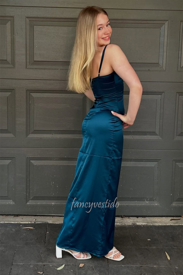 Spaghetti Straps V-Neck Pleated Sheath Long Prom Dress