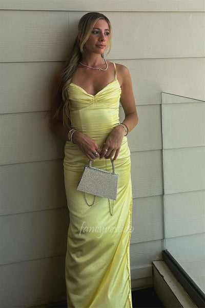 Spaghetti Straps V-Neck Pleated Sheath Long Prom Dress