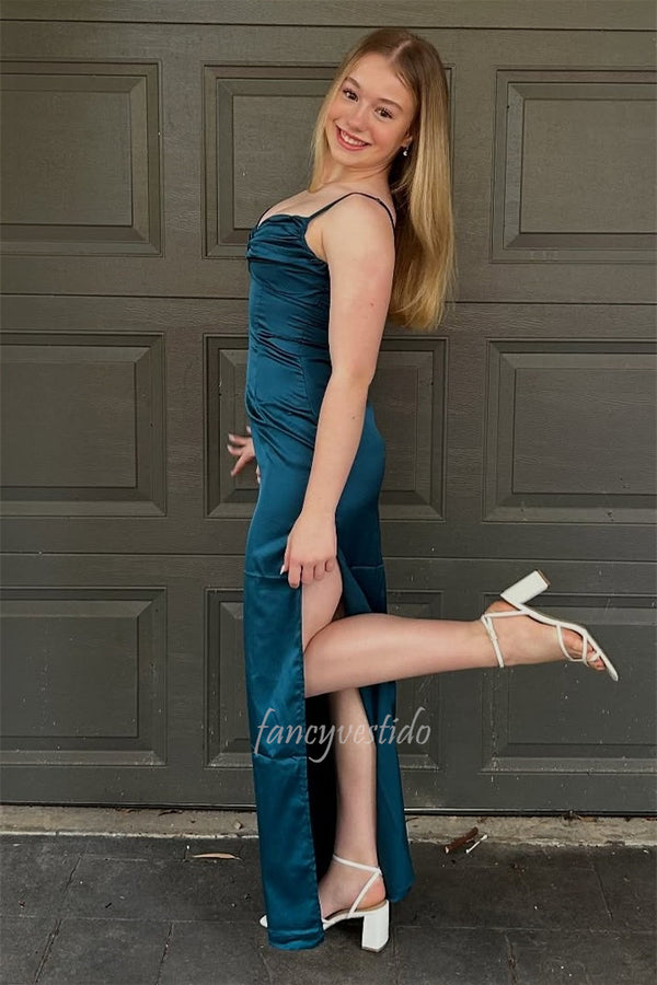 Spaghetti Straps V-Neck Pleated Sheath Long Prom Dress