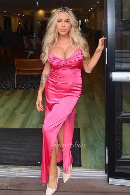 Spaghetti Straps V-Neck Pleated Sheath Long Prom Dress