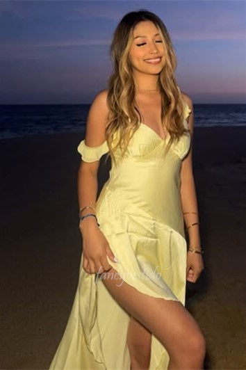 Chic Straps Orange Ruffle Long Prom Dress with High Slit