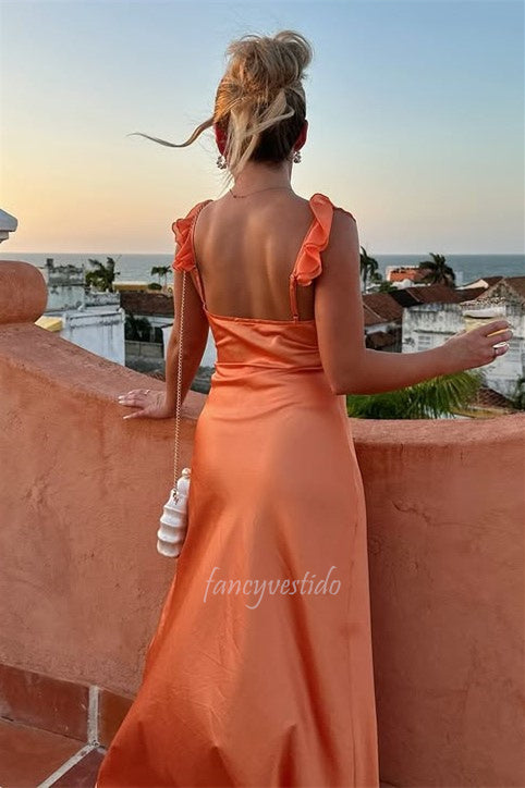 Chic Straps Orange Ruffle Long Prom Dress with High Slit