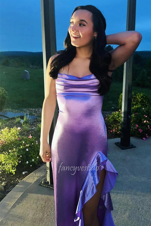 Chic Spaghetti Straps Mermaid Slit Prom Dress with Ruffle Hem