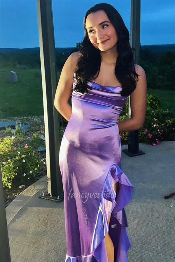 Chic Spaghetti Straps Mermaid Slit Prom Dress with Ruffle Hem