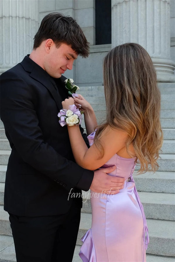 Chic Spaghetti Straps Mermaid Slit Prom Dress with Ruffle Hem