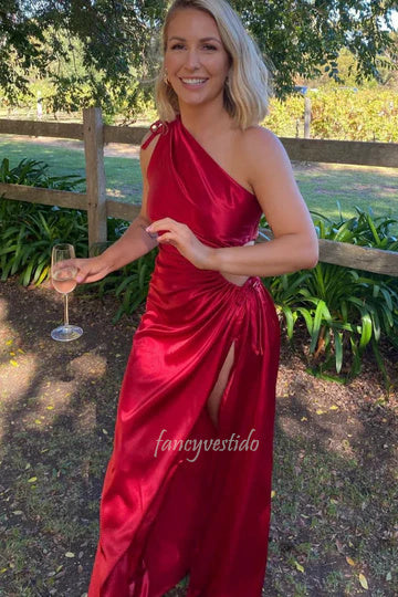 One Shoulder Cutout Pleated Mermaid Slit Formal Prom Dress