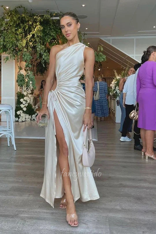 One Shoulder Cutout Pleated Mermaid Slit Formal Prom Dress