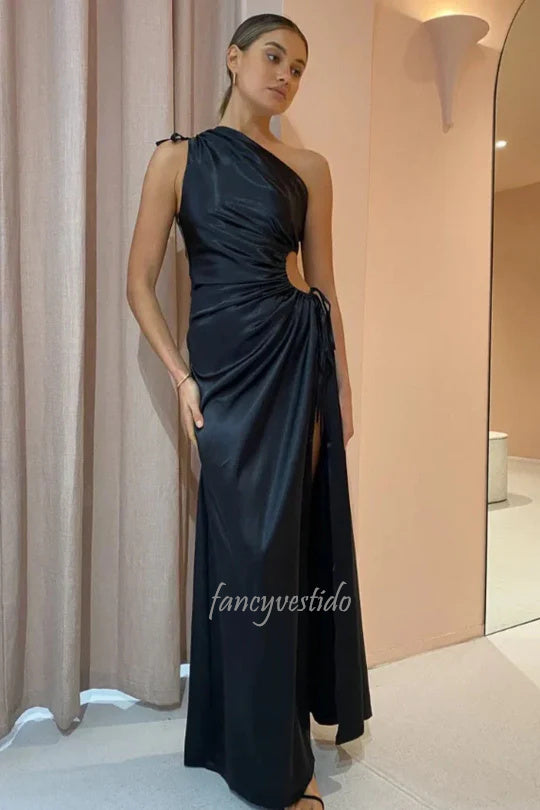 One Shoulder Cutout Pleated Mermaid Slit Formal Prom Dress