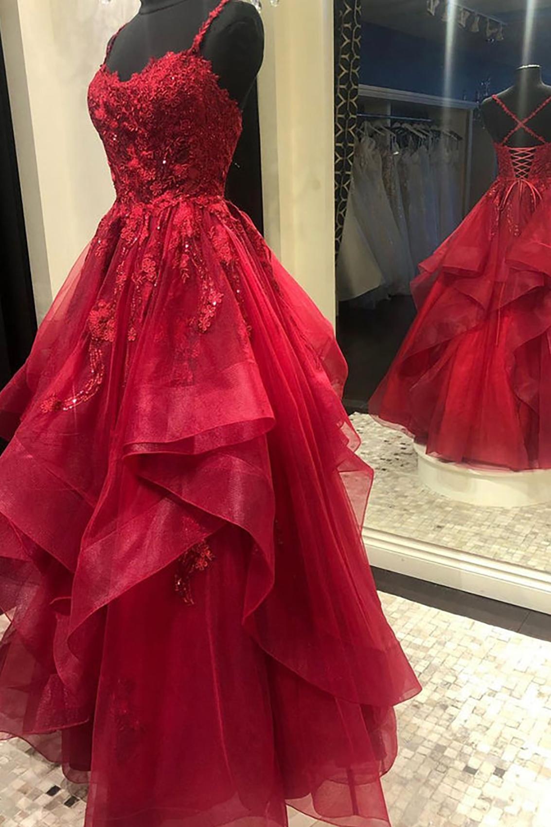 Spaghetti Straps Burgundy Applique Ruffle Tulle Prom Dress FancyVestido Spaghetti Straps Burgundy Applique Ruffle Tulle Prom Dress FancyVestido