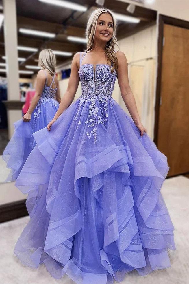 Straps Pluning Neck Purple Floral Applique Ruffle Layered Prom Dress –  FancyVestido