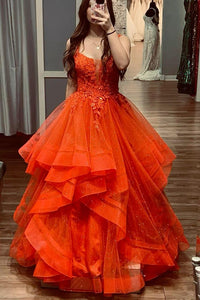Straps Pluning Neck Purple Floral Applique Ruffle Layered Prom Dress