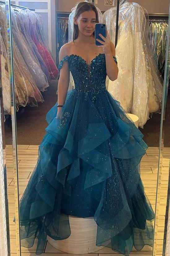 Sweetheart Lace Applique Layered Prom Dress with Off Shoudler
