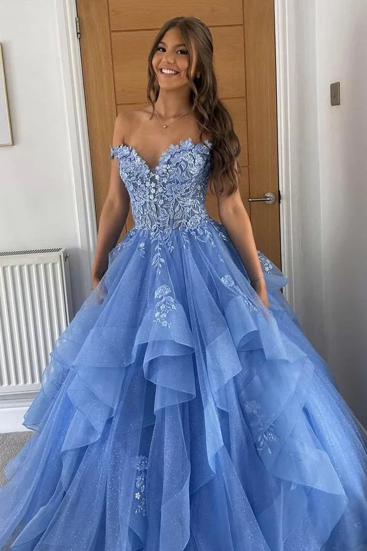 Sweetheart Lace Applique Layered Prom Dress with Off Shoudler FancyVestido Sweetheart Lace Applique Layered Prom Dress with Off Shoudler FancyVestido