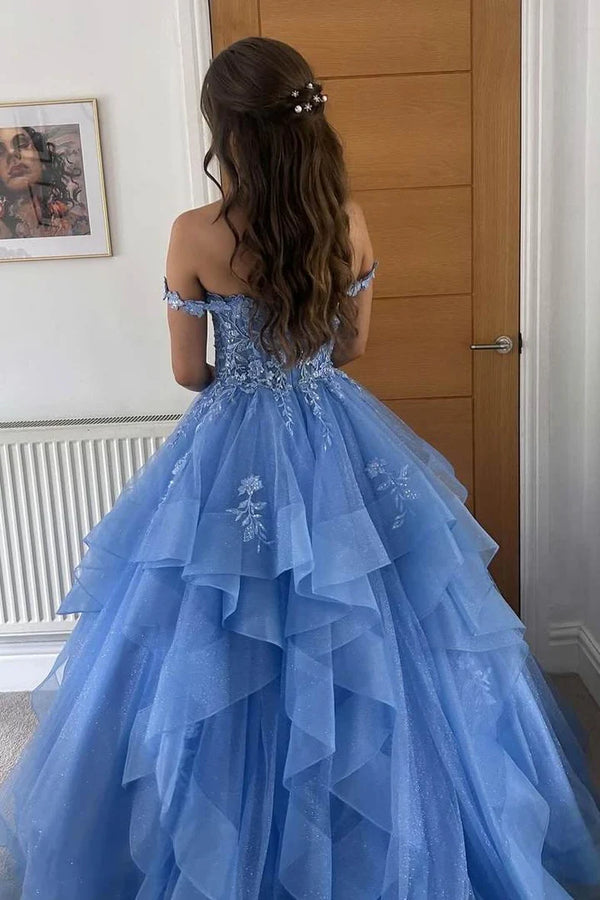 Sweetheart Lace Applique Layered Prom Dress with Off Shoudler