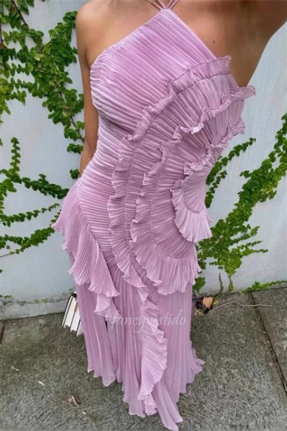 Dream Halter Neck Pleated Ruffle Long Prom Dress