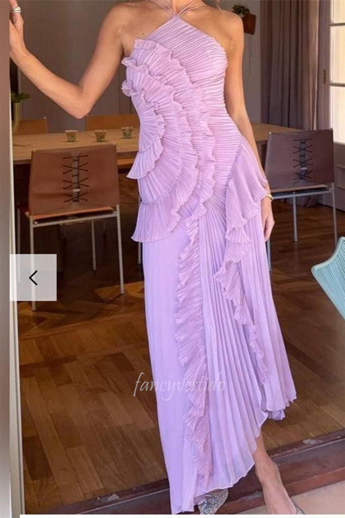 Dream Halter Neck Pleated Ruffle Long Prom Dress