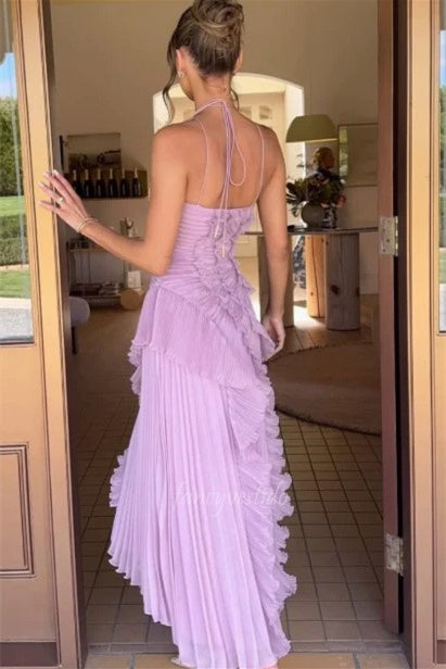 Dream Halter Neck Pleated Ruffle Long Prom Dress