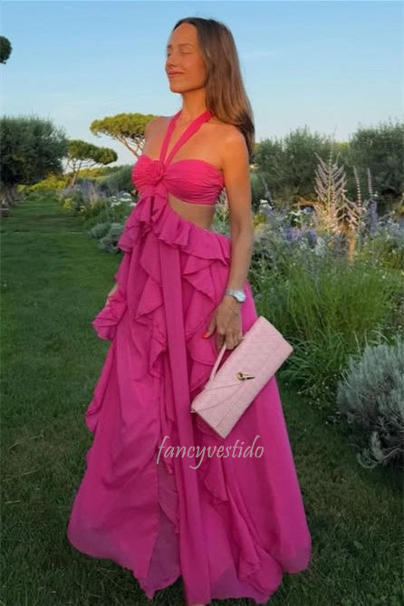 Classy Halter Ruffle Chiffon Prom Maxi Dress with Bow Back