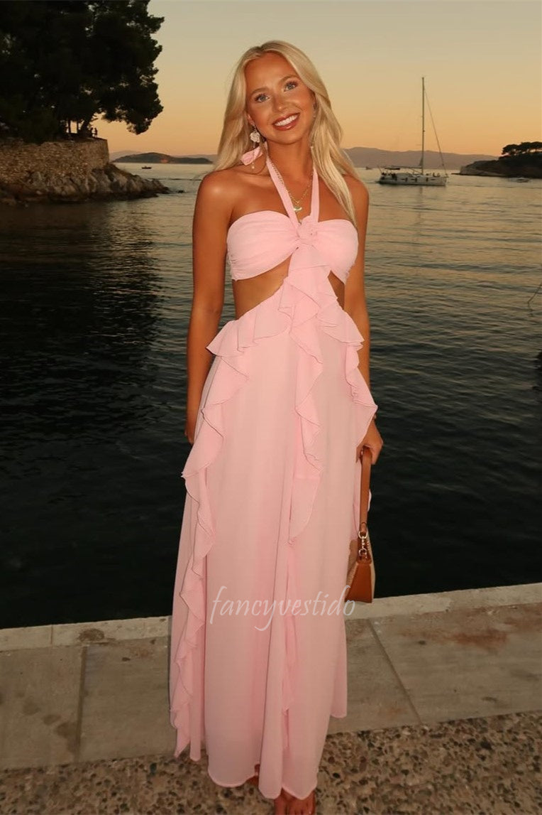 Classy Halter Ruffle Chiffon Prom Maxi Dress with Bow Back FancyVestido Classy Halter Ruffle Chiffon Prom Maxi Dress with Bow Back FancyVestido