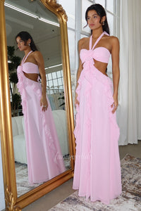 Classy Halter Ruffle Chiffon Prom Maxi Dress with Bow Back