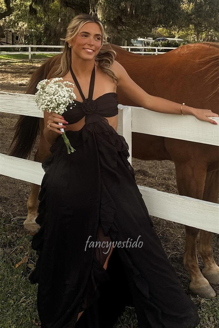 Classy Halter Ruffle Chiffon Prom Maxi Dress with Bow Back