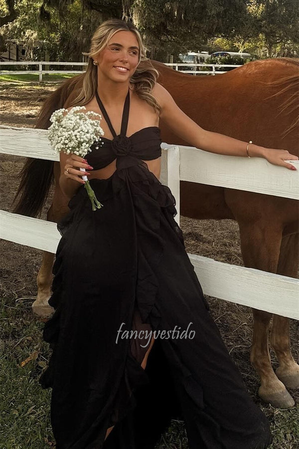 Classy Halter Ruffle Chiffon Prom Maxi Dress with Bow Back