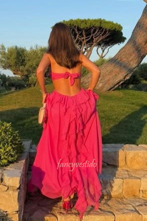 Classy Halter Ruffle Chiffon Prom Maxi Dress with Bow Back