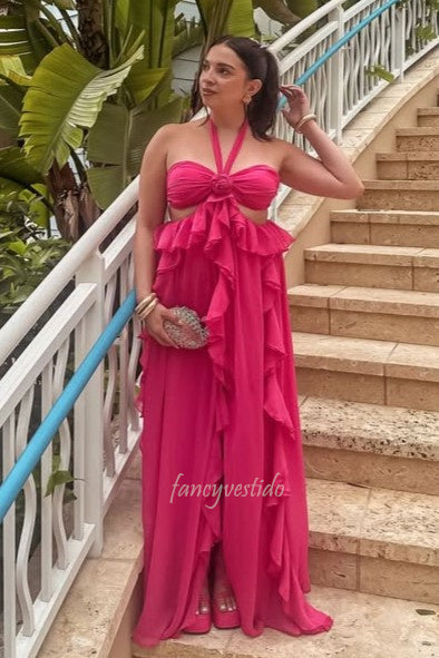 Classy Halter Ruffle Chiffon Prom Maxi Dress with Bow Back