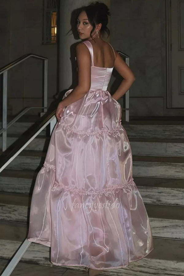 Sparkly Pink Spaghetti Straps A-Line Prom Evening Dress