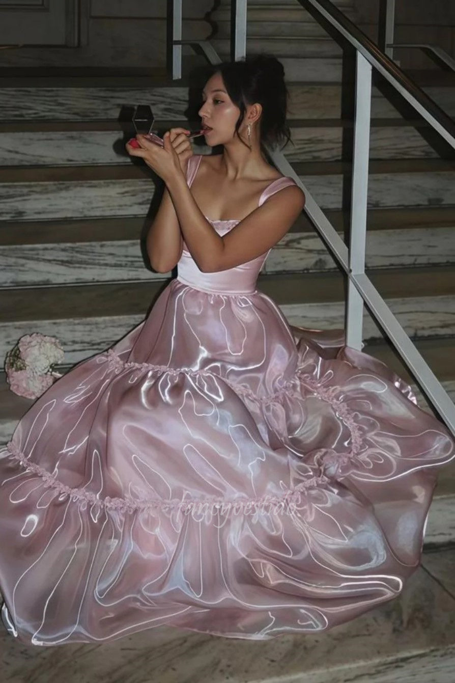 Sparkly Pink Spaghetti Straps A-Line Prom Evening Dress