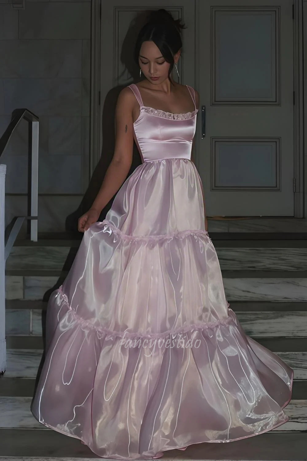 Sparkly Pink Spaghetti Straps A-Line Prom Evening Dress