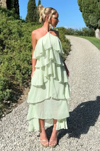 Chic Green Halter Neck A-Line Sleeveless Ruffle Prom Dress