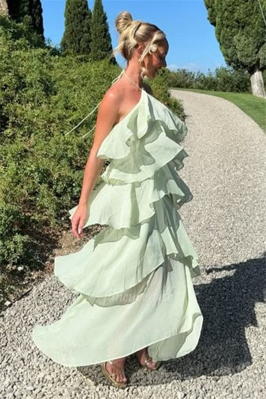 Chic Green Halter Neck A-Line Sleeveless Ruffle Prom Dress