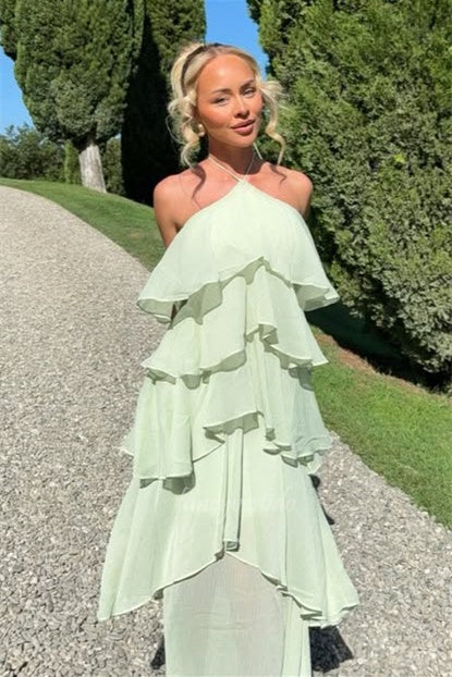 Chic Green Halter Neck A-Line Sleeveless Ruffle Prom Dress