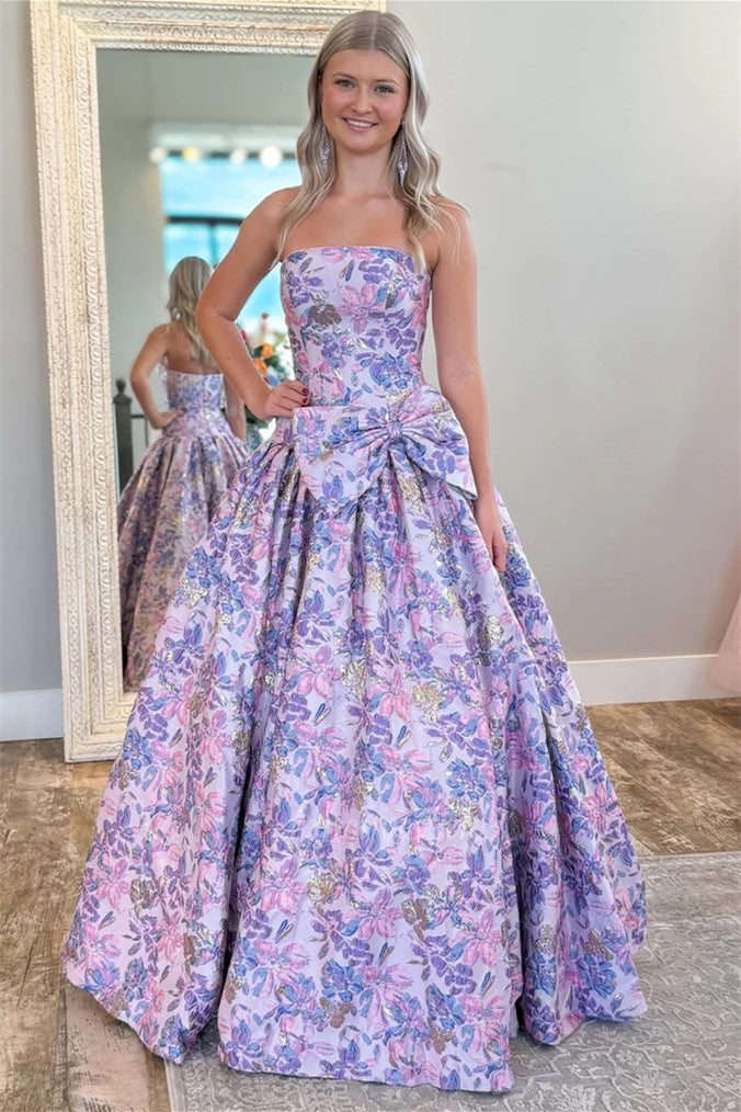 Strapless Floral Jacquard A-Line Long Prom Gown with Bow
