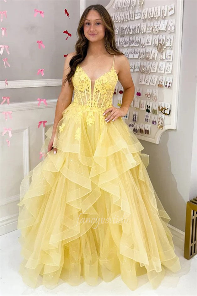 Princess Straps V-Neck Yellow Applique A-Line Ruffled Prom Dress