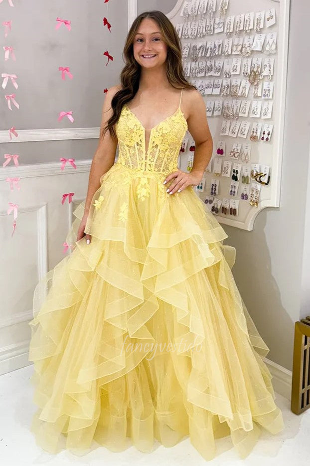yellow princess dress prom Princess Straps V-Neck Yellow Applique A-Line Ruffled Prom Dress FancyVestido