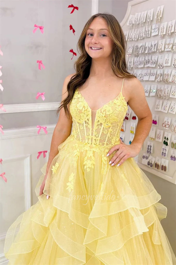Princess Straps V-Neck Yellow Applique A-Line Ruffled Prom Dress