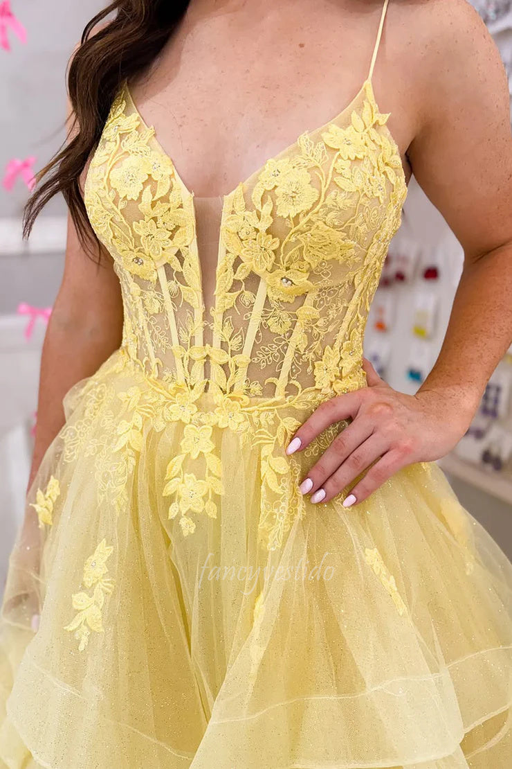 Butter Prom Yellow Applique Dress Princess Straps V-Neck Yellow Applique A-Line Ruffled Prom Dress Butter Prom Yellow Applique Dress Princess Straps V-Neck Yellow Applique A-Line Ruffled Prom Dress