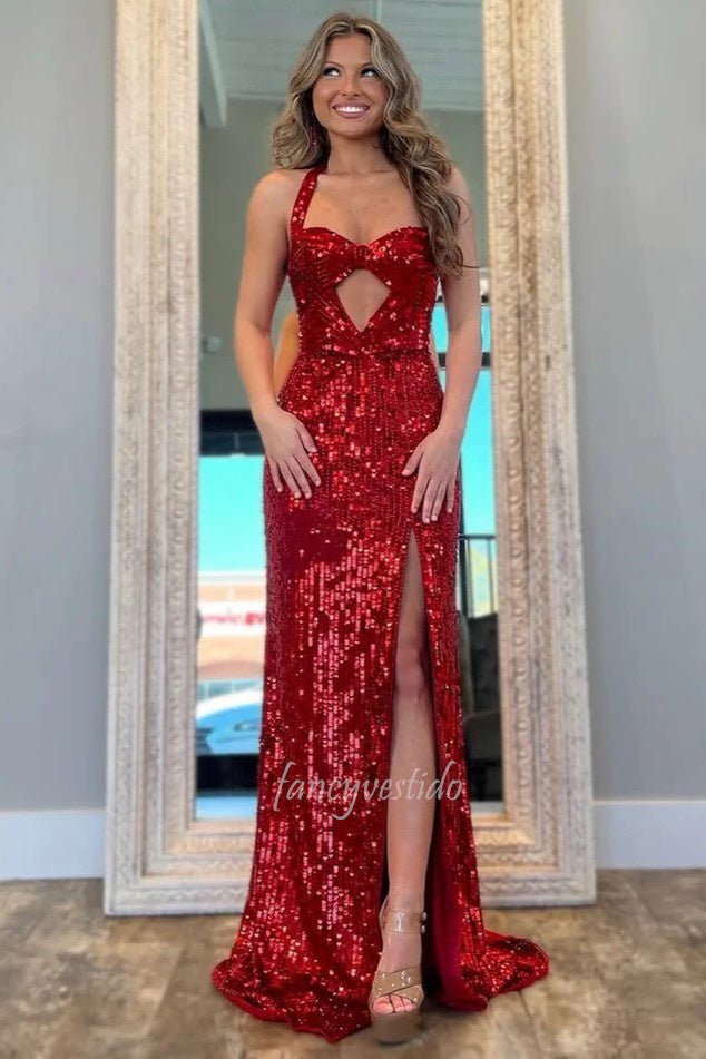 Luxurious Red Sweetheart Keyhole Sequin Meramid Prom Dress