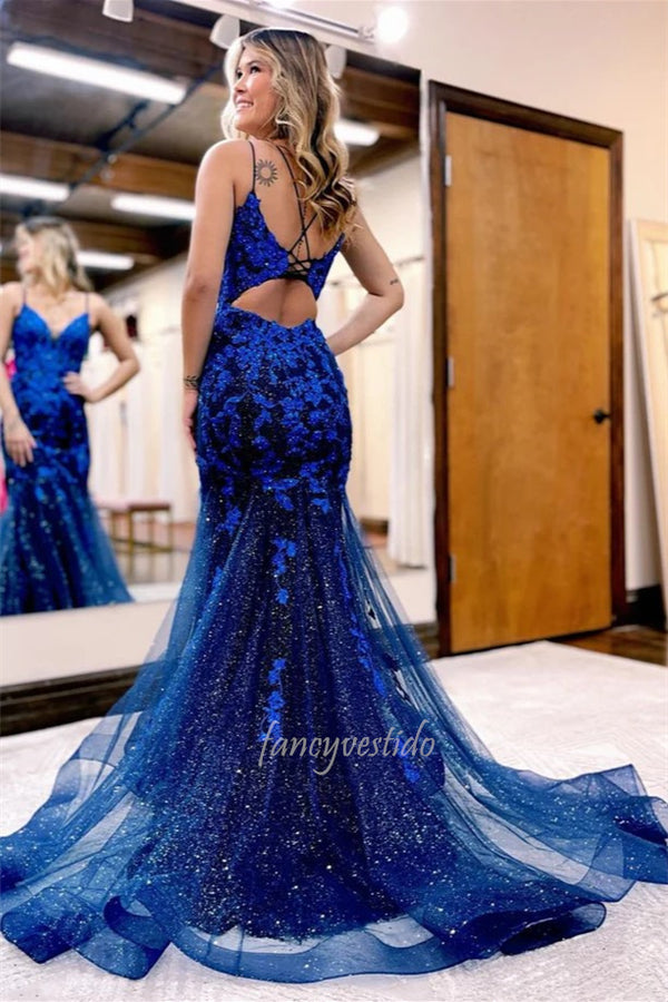 Sparkly Double Straps Lace Applique Long Mermaid Prom Dress