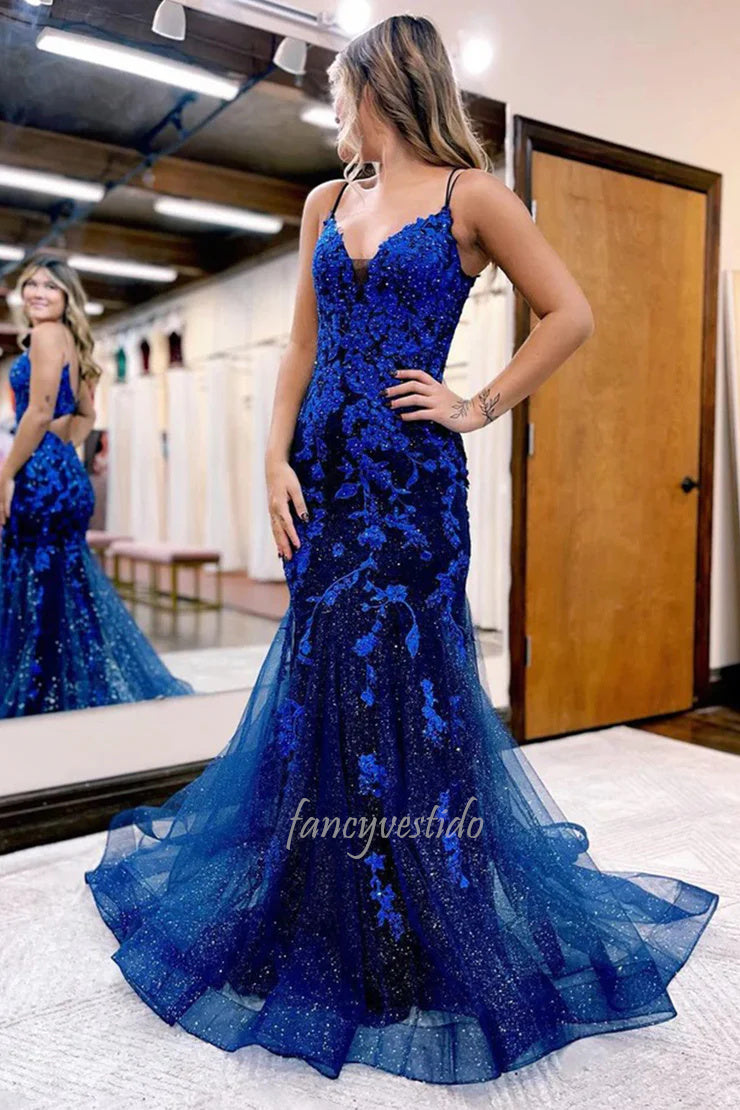 Sparkly Double Straps Lace Applique Long Mermaid Prom Dress
