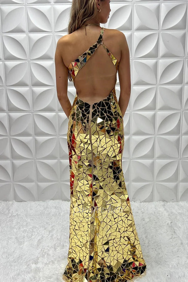 Chic One Shoulder Mirror-Cut Sequin Prom Dresses with High Slit