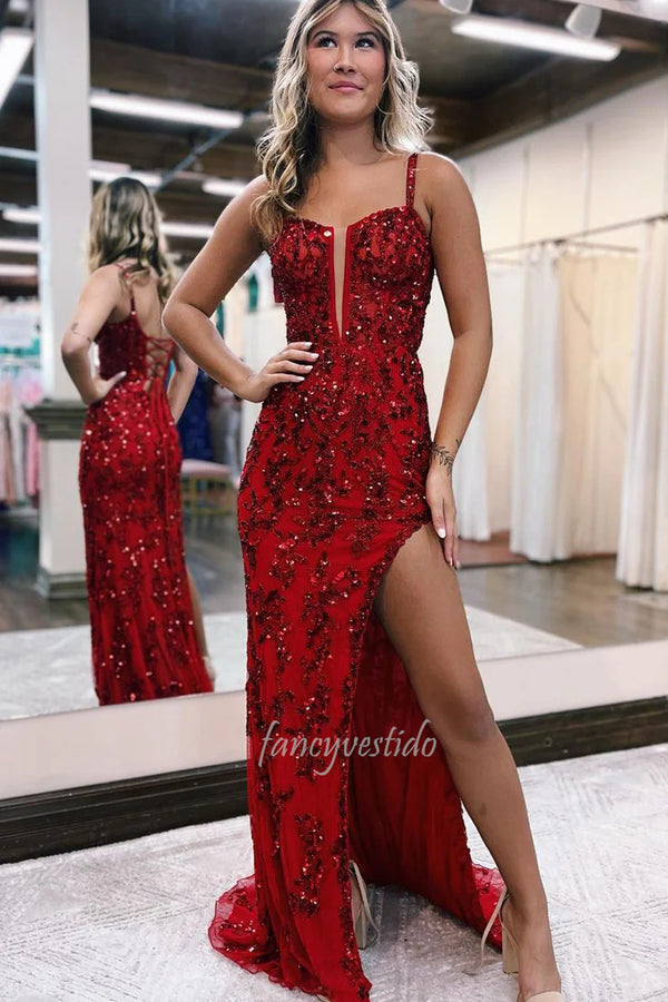 Straps Royal Blue Sequin Applique Mermaid Prom Dress with Slit