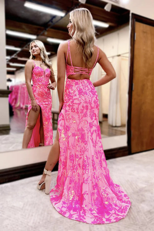 Straps Lacce Applique Slit Mermaid Prom Dress with Lace-up