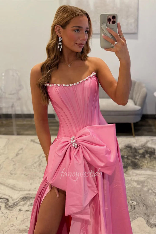 Scoop Neck Pink Taffeta Slit A-Line Prom Dress with Pearl