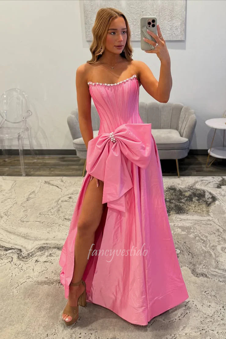 Scoop Neck Pink Taffeta Slit A-Line Prom Dress with Pearl