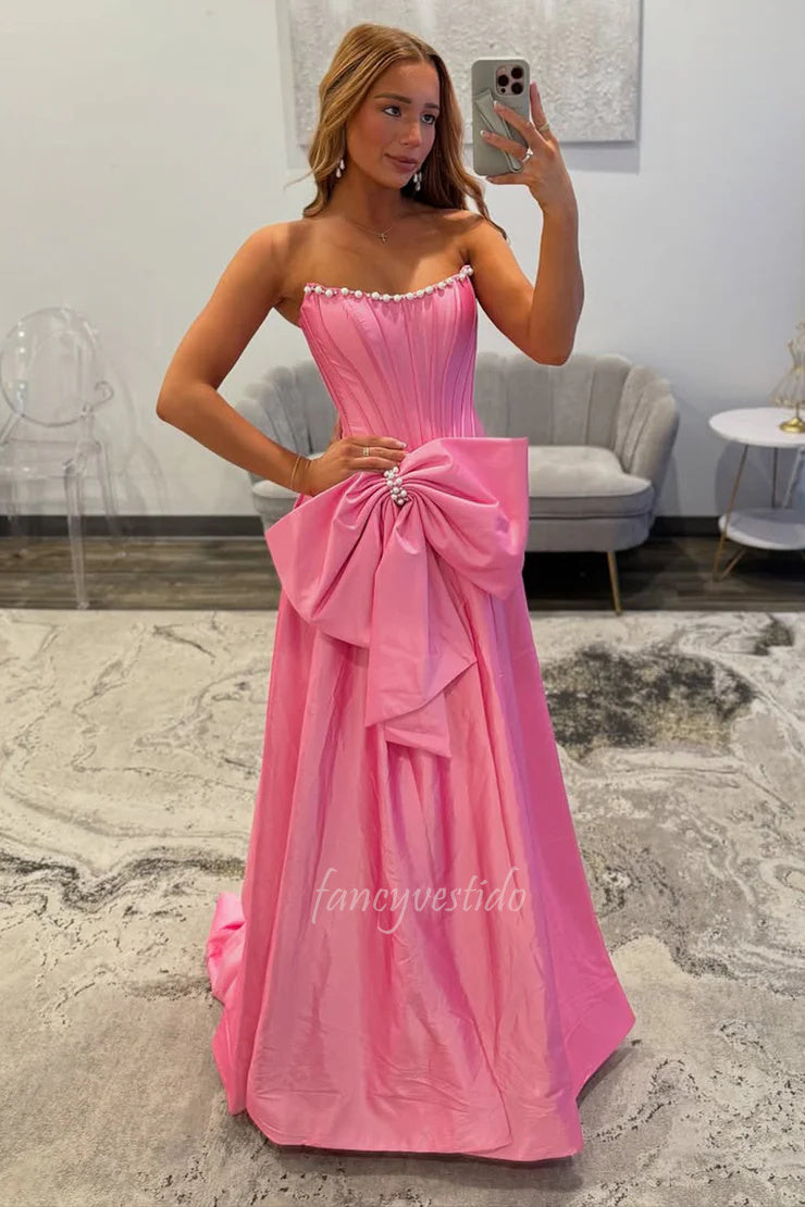 Scoop Neck Pink Taffeta Slit A-Line Prom Dress with Pearl FancyVestido Scoop Neck Pink Taffeta Slit A-Line Prom Dress with Pearl FancyVestido