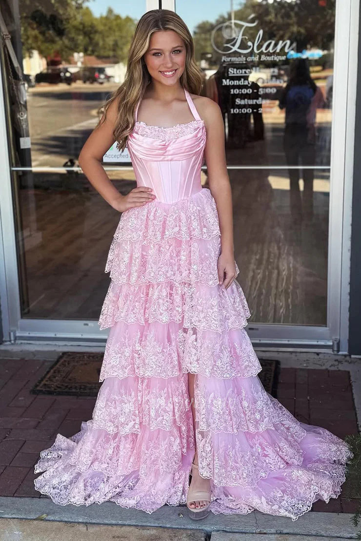 Halter Scoop Neck Applique Corset Ruffle Prom Dress with Slit FancyVestido Halter Scoop Neck Applique Corset Ruffle Prom Dress with Slit FancyVestido